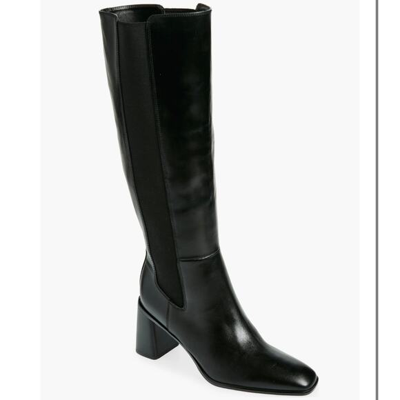 Nordstrom Tyra Black Tall Knee High Boot Sz 8.5 Leather Pull-On Elastic Gore NIB - Picture 4 of 14